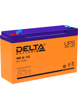Батарея DELTA серия HR, HR 6-12, напряжение 6В, емкость 12Ач (разряд 20 часов),  макс. ток разряда (5 сек.) 175А, макс. ток заряда 3.6А, свинцово-кислотная типа AGM, клеммы F1, ДxШxВ 151х50х94мм., вес 1.85кг., срок службы 8 лет./ Battery DELTA series HR, 