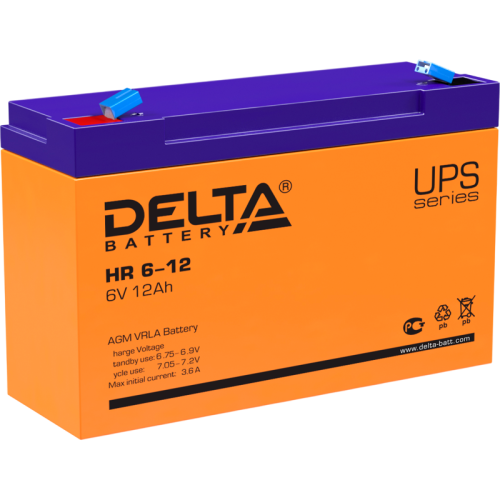 Батарея DELTA серия HR, HR 6-12, напряжение 6В, емкость 12Ач (разряд 20 часов),  макс. ток разряда (5 сек.) 175А, макс. ток заряда 3.6А, свинцово-кислотная типа AGM, клеммы F1, ДxШxВ 151х50х94мм., вес 1.85кг., срок службы 8 лет./ Battery DELTA series HR, 