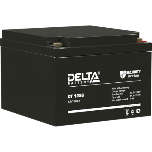 Battery DELTA series DT, DT 1226, voltage 12V, capacity 26Ah (discharge 20 hours), max. discharge current (5 sec.) 390A, max. charge current 7.8A, lead-acid type AGM, terminals for nut and bolt M6, LxWxH 175x166x125mm., weight 8kg., service life 5 years.