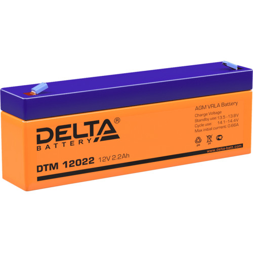Battery DELTA  series DTM, DTM 12022, voltage 12V, capacity 2.2Ah (discharge 20 hours), max. discharge current (5 sec.) 34.5A, max. charge current 0.66A, lead-acid type AGM, terminals F1, LxWxH 178x35x61mm., weight 1kg., service life 6 years.