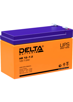 Батарея DELTA серия HR, HR 12-7,2, напряжение 12В, емкость 7.2Ач (разряд 20 часов),  макс. ток разряда (5 сек.) 105А, макс. ток заряда 2.16А, свинцово-кислотная типа AGM, клеммы F2, ДxШxВ 151х65х94мм., вес 2.5кг., срок службы 8 лет./ Battery DELTA series 