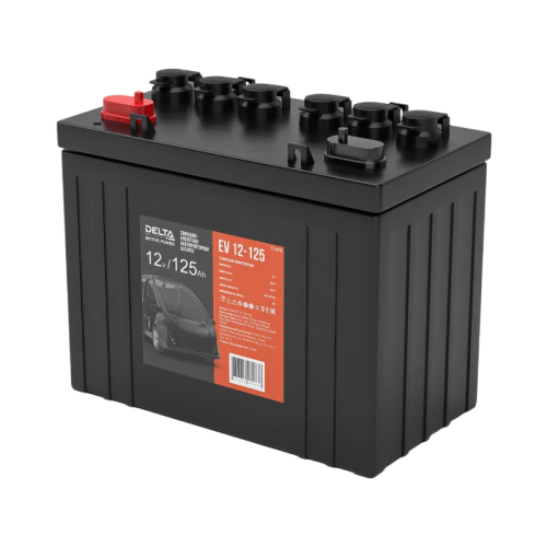 Тяговая аккумуляторная батарея для электротранспорта/ DELTA серия  EV, EV 12-125, напряжение 12В, емкость 125 Ач (разряд 5 часов; 1,75В/эл), Максимальный ток заряда 27А, полярность прямая ( + -),  тип WET;Pb (свинцово-кислотный), клеммы: болт/конус,  ДxШx