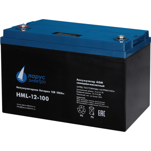Battery Parus Electro, professional series HML-12-100, voltage 12V, capacity 100Ah (discharge 10 hours), max. discharge current (5sec) 900A, max. charge current 30A, lead-acid AGM type, M8 bolt terminals, LxWxH 330x171x215mm., total height with terminals Battery Parus Electro, professional series HML-12-100, voltage 12V, capacity 100Ah (discharge 10 hours), max. discharge current (5sec) 900A, max. charge current 30A, lead-acid AGM type, M8 bolt terminals, LxWxH 330x171x215mm., total height with terminals