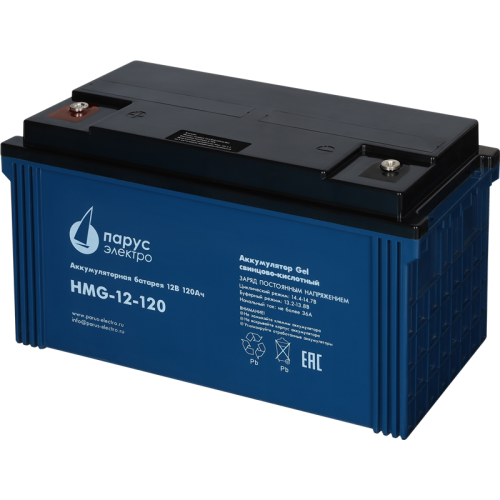 Battery Parus Electro, professional series HMG-12-120, voltage 12V, capacity 120Ah (discharge 10 hours), max. discharge current (5sec) 950A, max. charge current 36A, lead-acid GEL type, M8 bolt terminals, LxWxH 410x176x224mm., total height with terminals 
