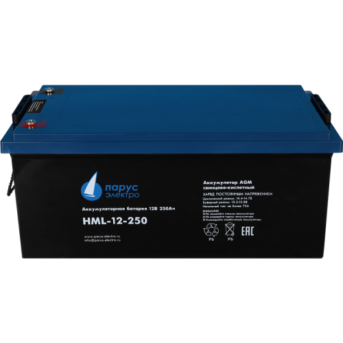 Battery Parus Electro, professional series HML-12-250, voltage 12V, capacity 250Ah (discharge 10 hours), max. discharge current (5sec) 1250A, max. charge current 75A, lead-acid type AGM, bolt terminals M8, LxWxH 520x269x221mm, total height with terminals 