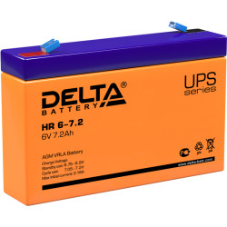 Battery DELTA series HR, HR 6-7.2, voltage 6V, capacity 7.2Ah (discharge 20 hours), max. discharge current (5 sec.) 108A, max. charge current 2.1A, lead-acid type AGM, terminals F1, LxWxH 151x34x94mm., weight 1.28kg., service life 8 years.