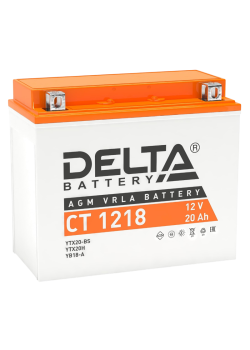 Аккумуляторная батарея для мото-техники/ DELTA серия  CT, CT 1218, напряжение 12В, емкость 20 Ач (разряд 10 часов 10.5 В), пусковой ток: 270А, полярность обратная ( - +),  тип AGM;Pb (свинцово-кислотный), клеммы: BN под болт,  ДxШxВ 177x88x154мм., вес  6,