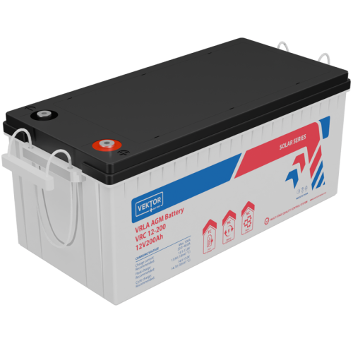 Батарея Vektor Battery серия VRC, VRC 12-200, напряжение 12В, емкость 200 Ач (разряд 10 часов), макс. ток разряда (5 сек.) 2000А, макс. ток заряда 100 А, свинцово-кислотная типа AGM+CARBON, клеммы M8, ДxШxВ 522x240x219мм., вес 61,5 кг., срок службы 15 лет
