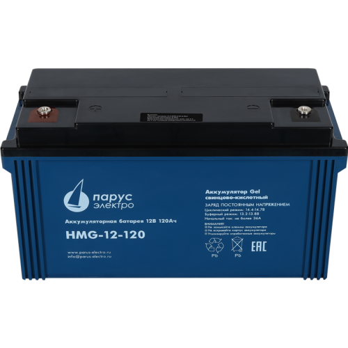 Battery Parus Electro, professional series HMG-12-120, voltage 12V, capacity 120Ah (discharge 10 hours), max. discharge current (5sec) 950A, max. charge current 36A, lead-acid GEL type, M8 bolt terminals, LxWxH 410x176x224mm., total height with terminals 