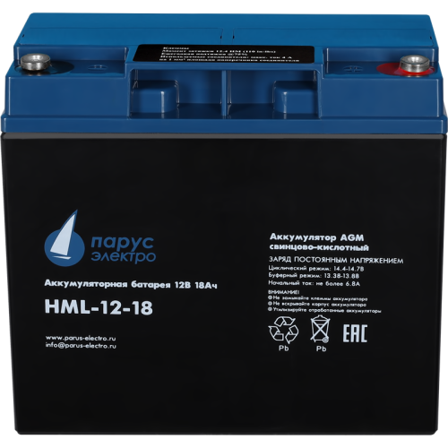 Battery Parus Electro, professional series HML-12-18, voltage 12V, capacity 18Ah (discharge 20 hours), max. discharge current (5sec) 225A, max. charge current 6.8A, lead-acid AGM type, M5 bolt terminals, LxWxH 181x77x167mm., total height with terminals 16