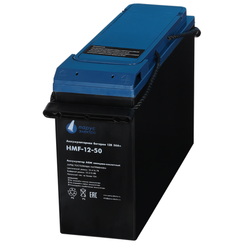 Battery Parus Electro, specialized series HMF-12-50, voltage 12V, capacity 50Ah (discharge 10 hours), max. discharge current (5sec) 500A, max. charge current 15A, lead-acid type AGM, bolt terminals M6, LxWxH 227x106x229mm., full height with terminals 243m