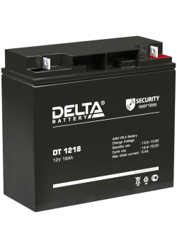 Батарея DELTA серия DT, DT 1218, напряжение 12В, емкость 18Ач (разряд 20 часов),  макс. ток разряда (5 сек.) 250А, макс. ток заряда 5.4А, свинцово-кислотная типа AGM, клеммы под гайку и болт M6, ДxШxВ 181х77х160мм., вес 5.2кг., срок службы 5 лет./ Battery