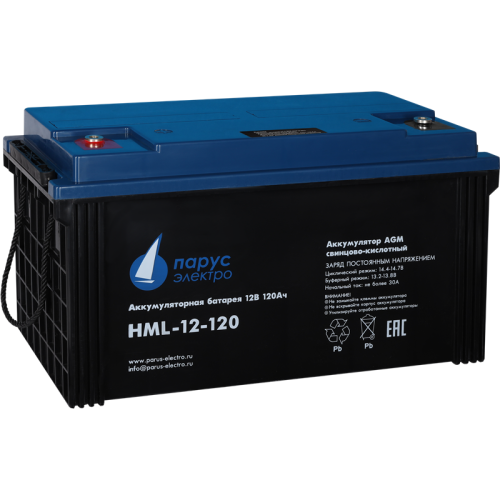 Battery Parus Electro, professional series HML-12-120, voltage 12V, capacity 120Ah (discharge 10 hours), max. discharge current (5sec) 950A, max. charge current 36A, lead-acid AGM type, M8 bolt terminals, LxWxH 410x176x224mm., total height with terminals 