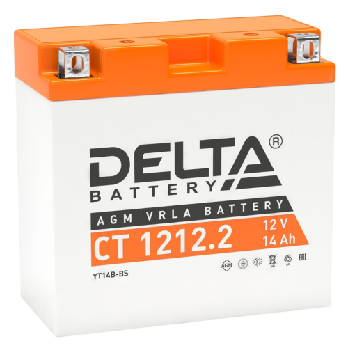 Аккумуляторная батарея для мото-техники/ DELTA серия  CT, CT 1212.2, напряжение 12В, емкость 12 Ач (разряд 10 часов 10.5 В), пусковой ток: 155А, полярность обратная ( - +),  тип AGM;Pb (свинцово-кислотный), клеммы: BN под болт,  ДxШxВ 151x71x146мм., вес  