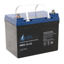 Battery Parus Electro, specialized series HMS-12-33 151W, voltage 12V, capacity 33Ah (discharge 10 hours), power at 15 min. discharge up to U - 1.65 V/cell at 25 °C 151W, max. discharge current (5sec) 330A, max. charge current 10.5A, lead-acid AGM type, M