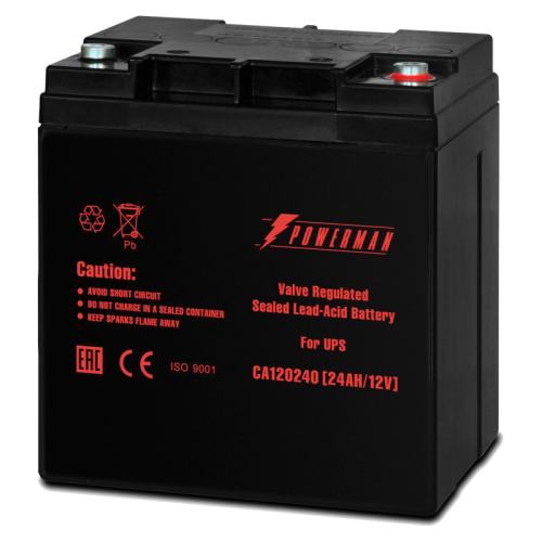 Батарея POWERMAN Battery CA12240, напряжение 12В, емкость 24Ач, макс. ток разряда 360А, макс. ток заряда 7.2А, свинцово-кислотная типа AGM, тип клемм M1, Д/Ш/В 166/126/174, 8.4 кг./ Battery POWERMAN Battery CA12240, voltage 12V, capacity 24Ah, max. discha