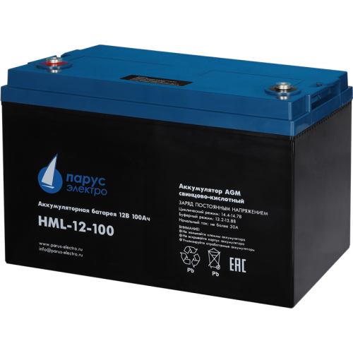 Battery Parus Electro, professional series HML-12-100, voltage 12V, capacity 100Ah (discharge 10 hours), max. discharge current (5sec) 900A, max. charge current 30A, lead-acid AGM type, M8 bolt terminals, LxWxH 330x171x215mm., total height with terminals 