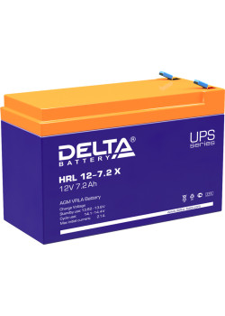 Батарея DELTA серия HRL-X, HRL 12-7,2 X, напряжение 12В, емкость 7.2Ач (разряд 10 часов),  макс. ток разряда (5 сек.) 108А, макс. ток заряда 2.16А, свинцово-кислотная типа AGM, клеммы F2, ДxШxВ 151х65х94мм., вес 2.6кг., срок службы 12 лет./ Battery DELTA 
