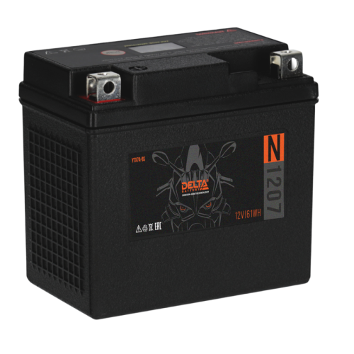 Аккумуляторная батарея для мото-техники/ DELTA серия  N, DELTA N 1207, напряжение 12В, емкость 5 Ач (разряд 10 часов 10.5 В), пусковой ток: 300А, полярность обратная ( - +),  тип NaIon (натрий-ионный), клеммы: BN под болт,  ДxШxВ 150x86x94мм., вес  0,85кг