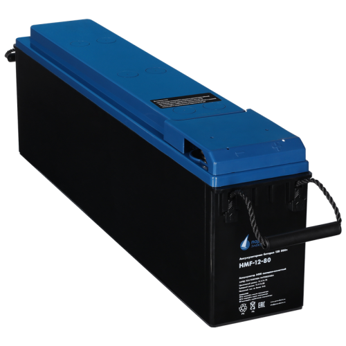 Battery Parus Electro, specialized series HMF-12-80, voltage 12V, capacity 80Ah (discharge 10 hours), max. discharge current (5sec) 800A, max. charge current 24A, lead-acid type AGM, bolt terminals M8, LxWxH 564x115x189mm., full height with terminals 189m