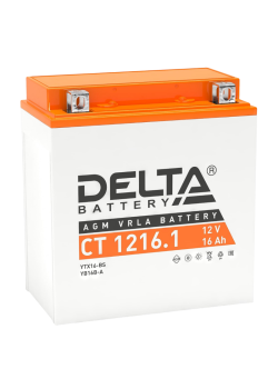 Аккумуляторная батарея для мото-техники/ DELTA серия  CT, CT 1216.1, напряжение 12В, емкость 16 Ач (разряд 10 часов 10.5 В), пусковой ток: 230А, полярность обратная ( - +),  тип AGM;Pb (свинцово-кислотный), клеммы: BN под болт,  ДxШxВ 151x88x164мм., вес  