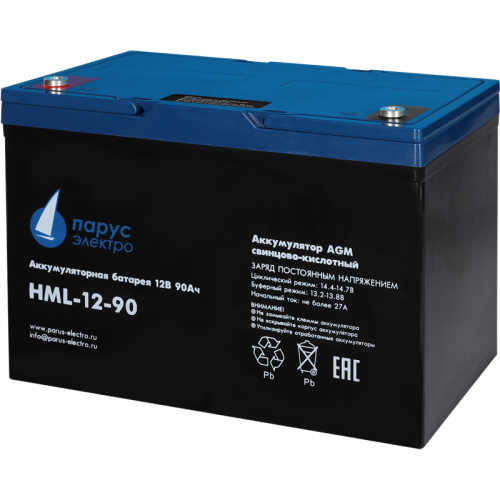 Battery Parus Electro, professional series HML-12-90, voltage 12V, capacity 90Ah (discharge 10 hours), max. discharge current (5sec) 800A, max. charge current 27A, lead-acid type AGM, bolt terminals M8, LxWxH 306x169x210mm, full height with terminals 215m