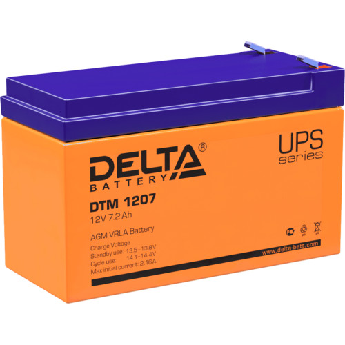 Battery DELTA series DTM, DTM 1207, voltage 12V, capacity 7.2Ah (discharge 20 hours), max. discharge current (5 sec.) 105A, max. charge current 2.1A, lead-acid type AGM, terminals F2, LxWxH 151x65x94mm., weight 2.4kg., service life 6 years.
