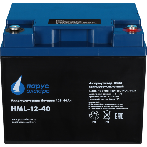 Battery Parus Electro, professional series HML-12-40, voltage 12V, capacity 40Ah (discharge 10 hours), max. discharge current (5sec) 400A, max. charge current 12A, lead-acid AGM type, M6 bolt terminals, LxWxH 197x165x170mm., total height with terminals 17