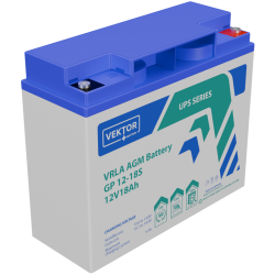 Батарея Vektor Battery серия GP , GP 12-18S, напряжение 12В, емкость 19,5Ач (разряд 20 часов), емкость 18,9Ач (разряд 10 часов), макс. ток разряда (5 сек.) 120А, макс. ток заряда 3,6A, свинцово-кислотная типа AGM, клеммы Болт М5, ДxШxВ 181x76x166 мм., вес