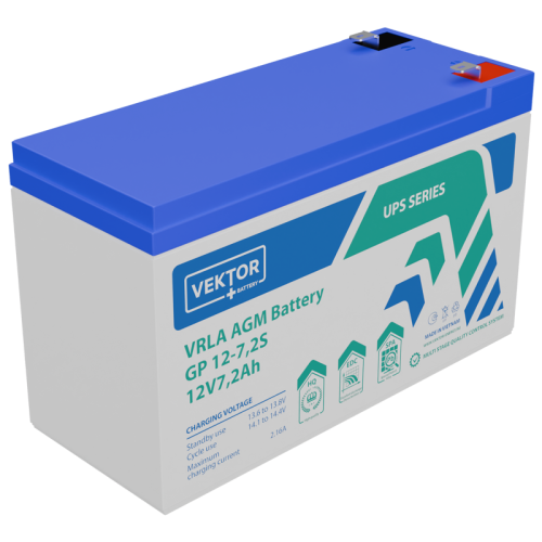Батарея Vektor Battery серия GP , GP 12-7,2S, напряжение 12В, емкость 7,82Ач (разряд 20 часов), емкость 7,34Ач (разряд 10 часов), макс. ток разряда (5 сек.) 108А, макс. ток заряда 2,16A, свинцово-кислотная типа AGM, клеммы Т2, ДxШxВ 151x65x100 мм., вес 2,