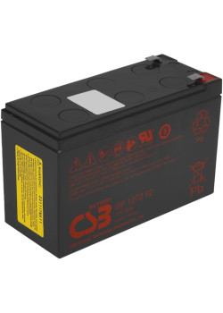 Батарея CSB серия GP, GP1272 F2, напряжение 12В, емкость 7.2Ач (разряд 20 часов), макс. ток разряда (5 сек.) 130А, ток короткого замыкания 304А, макс. ток заряда 2.8A, свинцово-кислотная типа AGM, клеммы F2, ДxШxВ 150.9x64.8x98.6мм., вес 2.4кг., срок служ