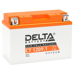Аккумуляторная батарея для мото-техники/ DELTA серия  CT, CT 1209.1, напряжение 12В, емкость 9 Ач (разряд 10 часов 10.5 В), пусковой ток: 115А, полярность обратная ( - +),  тип AGM;Pb (свинцово-кислотный), клеммы: BN под болт,  ДxШxВ 151x71x107мм., вес  2