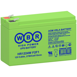 Батарея WBR серия HR, HR1224W F2F1, напряжение 12В, емкость 6.6Ач (разряд 20 часов), 24 Вт/Эл при 15-мин. разряде до U кон. - 1.6 В/Эл при 25 °С, макс. ток разряда (5 сек.) 130А, макс. ток заряда 1.8A, свинцово-кислотная типа AGM, клеммы F1/F2/ Батарея WB
