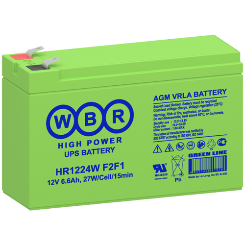 Батарея WBR серия HR, HR1224W F2F1, напряжение 12В, емкость 6.6Ач (разряд 20 часов), 24 Вт/Эл при 15-мин. разряде до U кон. - 1.6 В/Эл при 25 °С, макс. ток разряда (5 сек.) 130А, макс. ток заряда 1.8A, свинцово-кислотная типа AGM, клеммы F1/F2/ Батарея WB