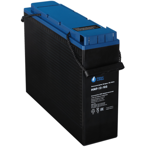 Battery Parus Electro, specialized series HMF-12-105, voltage 12V, capacity 105Ah (discharge 10 hours), max. discharge current (5sec) 900A, max. charge current 31.5A, lead-acid AGM type, M8 bolt terminals, LxWxH 395x110x286mm., total height with terminals