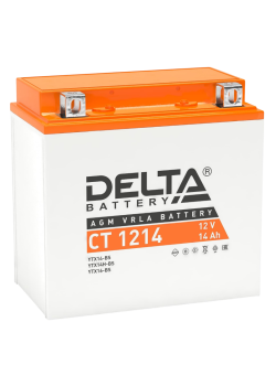 Аккумуляторная батарея для мото-техники/ DELTA серия  CT, CT 1214, напряжение 12В, емкость 14 Ач (разряд 10 часов 10.5 В), пусковой ток: 200А, полярность обратная ( - +),  тип AGM;Pb (свинцово-кислотный), клеммы: BN под болт,  ДxШxВ 151x88x147мм., вес  4,