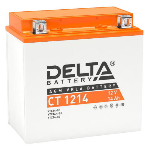 Аккумуляторная батарея для мото-техники/ DELTA серия  CT, CT 1214, напряжение 12В, емкость 14 Ач (разряд 10 часов 10.5 В), пусковой ток: 200А, полярность обратная ( - +),  тип AGM;Pb (свинцово-кислотный), клеммы: BN под болт,  ДxШxВ 151x88x147мм., вес  4,