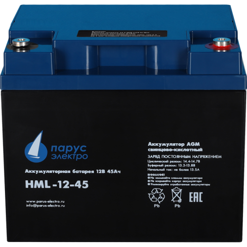 Battery Parus Electro, professional series HML-12-45, voltage 12V, capacity 45Ah (discharge 10 hours), max. discharge current (5sec) 450A, max. charge current 13.5A, lead-acid AGM type, M6 bolt terminals, LxWxH 197x165x170mm., total height with terminals 