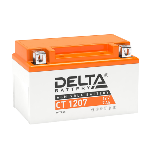 Аккумуляторная батарея для мото-техники/ DELTA серия  CT, CT 1207, напряжение 12В, емкость 7 Ач (разряд 10 часов 10.5 В), пусковой ток: 105А, полярность обратная ( - +),  тип AGM;Pb (свинцово-кислотный), клеммы: BN под болт,  ДxШxВ 150x86x94мм., вес  2,4к