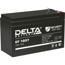 Battery DELTA series DT, DT 1207, voltage 12V, capacity 7Ah (discharge 20 hours), max. discharge current (5 sec.) 108A, max. charge current 2.1A, lead-acid type AGM, terminals F1, LxWxH 151x65x95mm., weight 2.05kg., service life 5 years.