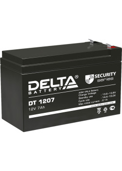 Батарея DELTA серия DT, DT 1207, напряжение 12В, емкость 7Ач (разряд 20 часов),  макс. ток разряда (5 сек.) 108А, макс. ток заряда 2.1А, свинцово-кислотная типа AGM, клеммы F1, ДxШxВ 151х65х95мм., вес 2.05кг., срок службы 5 лет./ Battery DELTA series DT, 