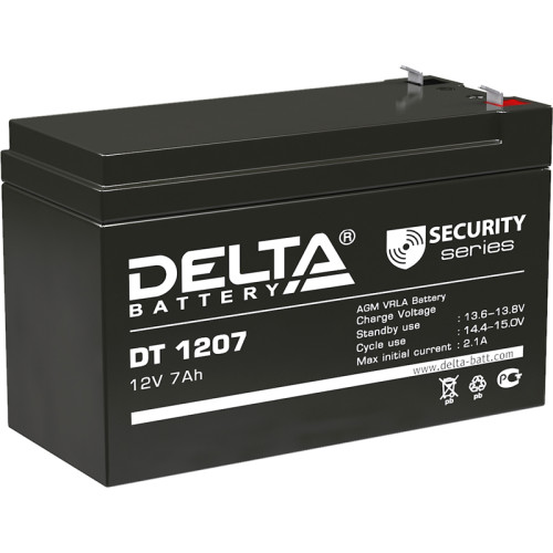 Battery DELTA series DT, DT 1207, voltage 12V, capacity 7Ah (discharge 20 hours), max. discharge current (5 sec.) 108A, max. charge current 2.1A, lead-acid type AGM, terminals F1, LxWxH 151x65x95mm., weight 2.05kg., service life 5 years.