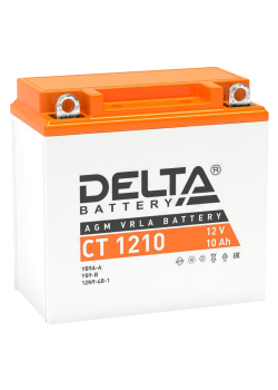 Аккумуляторная батарея для мото-техники/ DELTA серия  CT, CT 1210, напряжение 12В, емкость 10 Ач (разряд 10 часов 10.5 В), пусковой ток: 100А, полярность обратная ( - +),  тип AGM;Pb (свинцово-кислотный), клеммы: BN под болт,  ДxШxВ 137x77x135мм., вес  2,