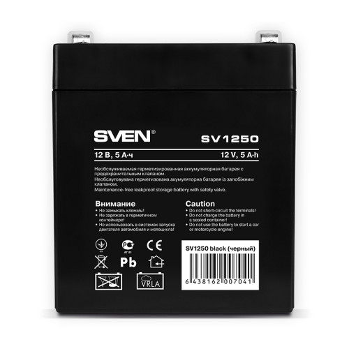 Батарея SVEN SV 1250 (12V 5Ah), напряжение 12В, емкость 5А*ч, макс. ток разряда 80А, макс. ток заряда 1.5А, свинцово-кислотная типа AGM, тип клемм F1/ Battery SVEN SV 1250 (12V 5Ah), 12V voltage, 5A*h capacity, max. discharging rate of 80A, max. charging 