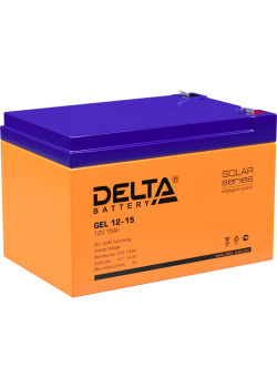 Battery DELTA series GEL, GEL 12-15, voltage 12V, capacity 15Ah (discharge 20 hours), max. discharge current (5 sec.) 200A, max. charge current 3A, lead-acid type AGM + GEL, terminals F2, LxWxH 151x98x96mm., weight 3.7kg., service life 10-12 years.