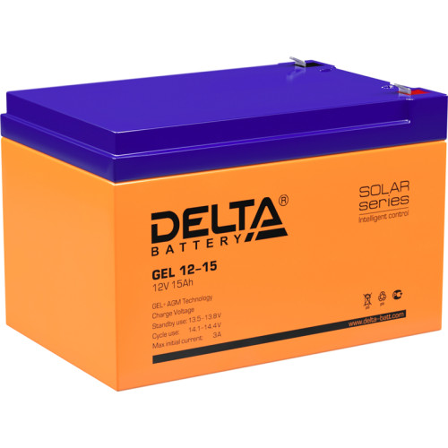 Battery DELTA series GEL, GEL 12-15, voltage 12V, capacity 15Ah (discharge 20 hours), max. discharge current (5 sec.) 200A, max. charge current 3A, lead-acid type AGM + GEL, terminals F2, LxWxH 151x98x96mm., weight 3.7kg., service life 10-12 years.