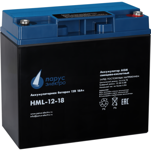 Battery Parus Electro, professional series HML-12-18, voltage 12V, capacity 18Ah (discharge 20 hours), max. discharge current (5sec) 225A, max. charge current 6.8A, lead-acid AGM type, M5 bolt terminals, LxWxH 181x77x167mm., total height with terminals 16