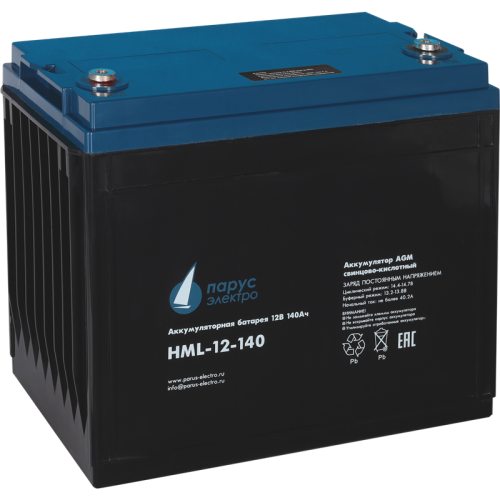 Battery Parus Electro, professional series HML-12-140, voltage 12V, capacity 140Ah (discharge 10 hours), max. discharge current (5sec) 950A, max. charge current 40.2A, lead-acid AGM type, M8 bolt terminals, LxWxH 341x173x283mm., total height with terminal