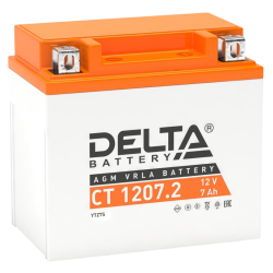Аккумуляторная батарея для мото-техники/ DELTA серия  CT, CT 1207.2, напряжение 12В, емкость 7 Ач (разряд 10 часов 10.5 В), пусковой ток: 130А, полярность обратная ( - +),  тип AGM;Pb (свинцово-кислотный), клеммы: BN под болт,  ДxШxВ 114x70x108мм., вес  2