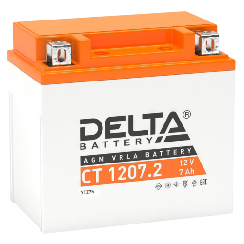 Аккумуляторная батарея для мото-техники/ DELTA серия  CT, CT 1207.2, напряжение 12В, емкость 7 Ач (разряд 10 часов 10.5 В), пусковой ток: 130А, полярность обратная ( - +),  тип AGM;Pb (свинцово-кислотный), клеммы: BN под болт,  ДxШxВ 114x70x108мм., вес  2